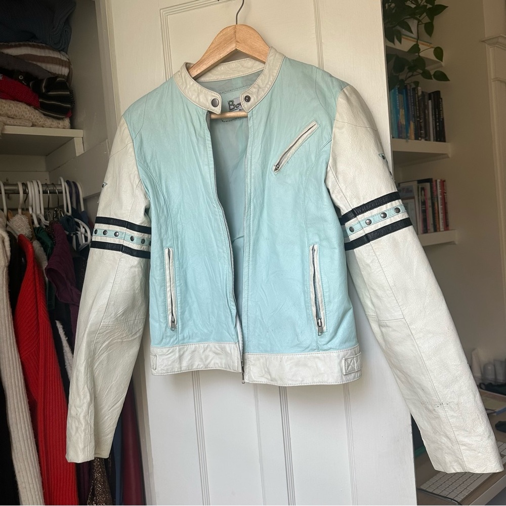 Vintage Studded Leather Jacket in Light Blue and White